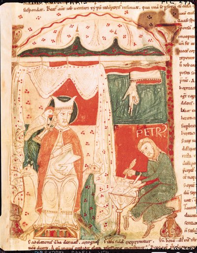 Ms 70 f.57 Papa Gregório I, o Grande (c.540-604) ditando o Livro de Jó para seu escriba Pedro, de Moralia em Jó pelo Papa Gregório Magno de French School