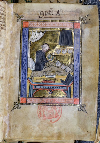 Ms 753 Fol.9 Monk escrevendo em sua cama, de Flores Bernardi por Guillaume de Tournai de French School