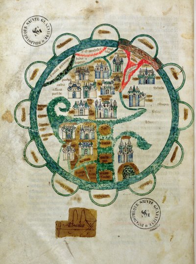 Ms 782 fol.16v. Mapa do mundo na forma de um globo, em miniatura de Grandes Chroniques de Philippe le Hardi de French School