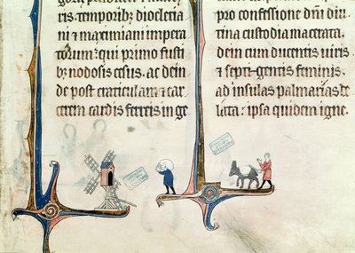 Ms 838 fol.55 Um homem dirigindo seu burro carregando sacolas de trigo para um moinho de vento, de Obituaire de Notre Dame de Pres, depois de 1270 de French School