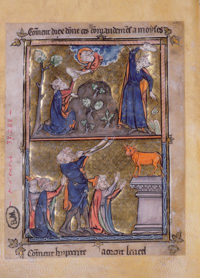 Ms 870 Moisés no Monte Sinai e Moisés e o Bezerro de Ouro, de La Somme le Roy por Frere Laurent, iluminado por Maitre Honoré de French School