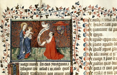 954 Pierre dAilly (1350-1420) Bispo de Cambrai, diante da Virgem, de Oeuvres por Pierre dAilly, c.1416 de French School