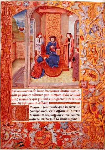 Sra. 95 Fol.1 A autora oferecendo seu livro ao Duque de Borgonha, dos Armoriais de Adolphe de Cleves, início do século XV (vellum) de French School