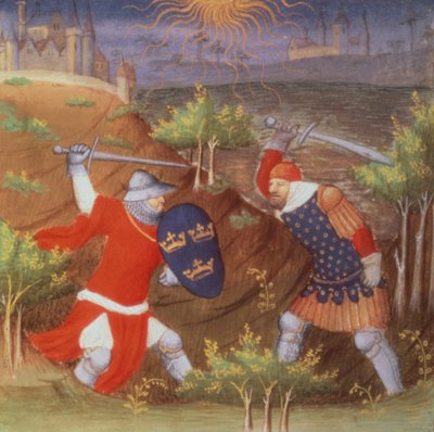 Sra. Arsenal 5077 f.298 O Rei Arthur luta contra um general romano, de um manuscrito de Histórias, do Mestre Boucicaut de French School