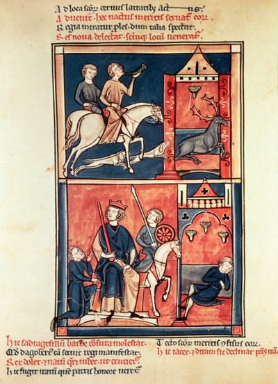 Sra. Pe 1098 Uma caçada e um rei, possivelmente Dagobert I (632-39) em seu trono, da Vida e Milagres de St. Denis de French School