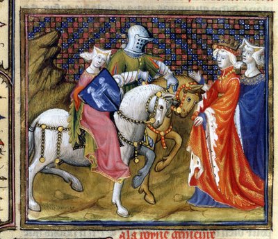 Sra. 120 A Senhora do Lago Encontro Guinevere, da história de Lancelot em La Quite de Saint Graal de French School