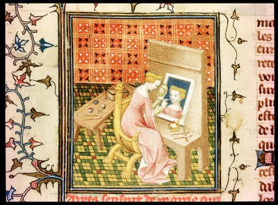 Sra. Fr 124220 fol.101v St. Marcia (d.632) Pintando um auto-retrato, de Claris Mulieribus, de, por Giovanni Boccaccio (1313-75) de French School