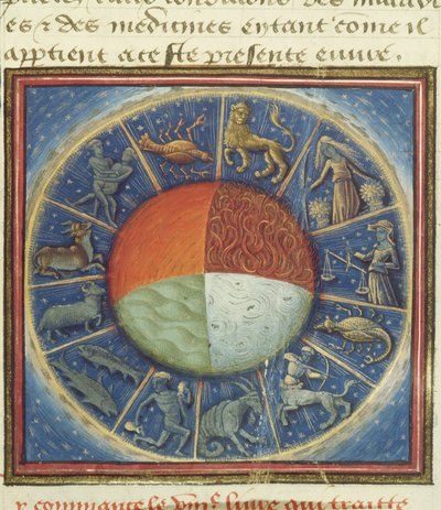 Senhora Fr 135 Fol.285 Os quatro elementos da Terra com os doze signos do zodíaco, de Des Proprietez des Choses, de Barthélemy lAnglais, 1445-50 de French School