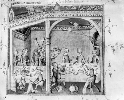 Sra. Fr 1584 Músicos entretendo em um banquete, c.1370 (manuscrito) de French School