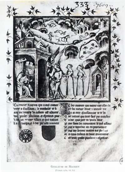 Sra. Fr 1584 fD O autor recebe Amor que traz para ele Sweet Thoughts, Pleasure and Hope, c.1370 (manuscrito) de French School