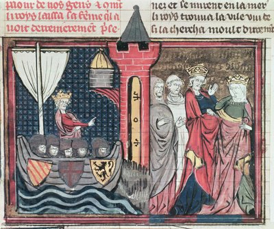 Sra. Fr 22495 Fol.101 Baldwin I Atravessando o rio Jordão e renunciando sua esposa, de Le Roman de Godefroi de Bouillon, 1337 de French School