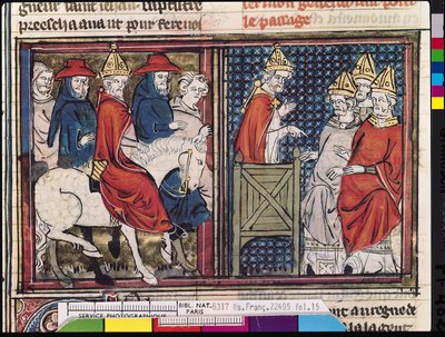 Pe. 22495 Fol.15 O Concílio de Clermont e A Chegada do Papa Urbano II (c.1035-99) na França, de Le Roman de Godefroi de Bouillon, 1337 de French School