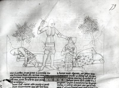 Sra. Fr 343 f.79 Armando um cavaleiro em um campo de batalha, de Lancelot du Lac de French School