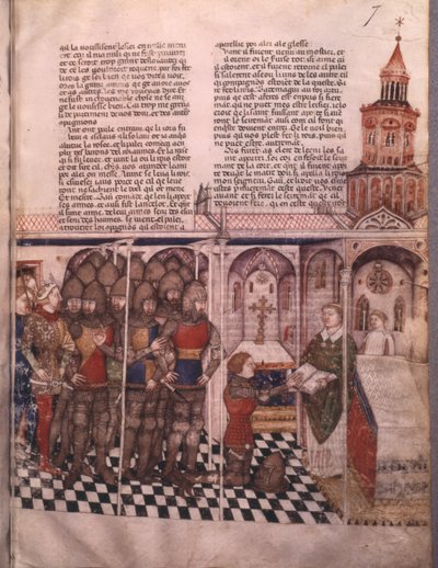 Sra. Fr 343 fol. 7 A busca pelo Santo Graal e Arthurs morte, cavaleiro fazendo o juramento de French School