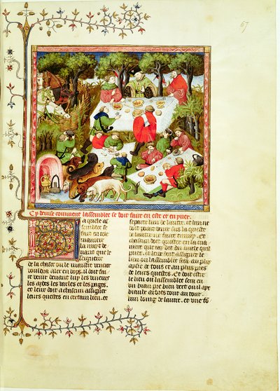 Sra. Fr 616 fol.67 Caçadores festejando antes da caçada, de Livre de la Chasse por Gaston Phebus de Foix (1331-1391) de French School