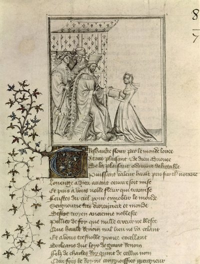 A Sra. 848 fol.1 Christine de Pisan (1364-1430) apresenta seu trabalho a Louis, Duque de Orleans (1372-1407) da Carta de Othea a Hector, de Christine de Pisan, c.1405 de French School