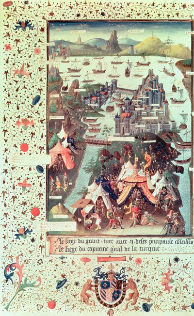 Sra. Fr 9087 f.207v O cerco de Constantinopla em 1453, de Le Voyage dOutremer por Bertrandon de la Broquiere, c.1450-75 de French School