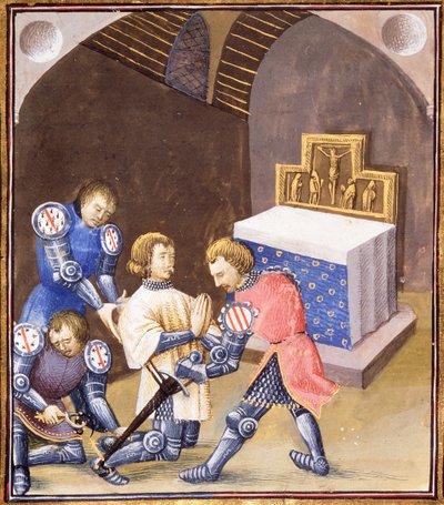Ms. Fr 99 f.561 Galahad recebe uma espada e incita no ritual de cavalaria antes de partir para a Missão do Graal de French School