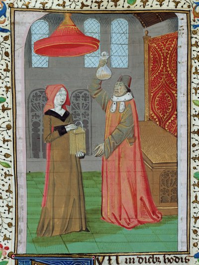 Ms H 7 fol.164r Um médico examinando a urina de St. Elizabeth para ver se ela está grávida, da Bíblia de Jean XXII de French School