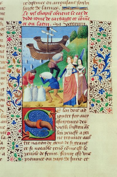 Ms Hunter 208 f.67r Dido embarca em Sychaeus Treasure, de The Fall of Princes, de Giovanni Boccaccio (1313-75) 1472 de French School