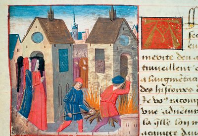 Sra. Hunter 252 f.75v Burning House, da revista The Hundred News, 1462 de French School