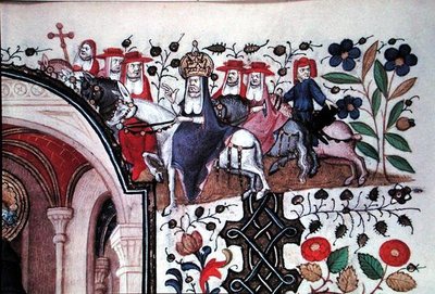 Lat 1156b Fol.167 Detalhe do Papa em sua mula com sua comitiva, de uma ilustração de São Pedro, das Horas de Marguerite d