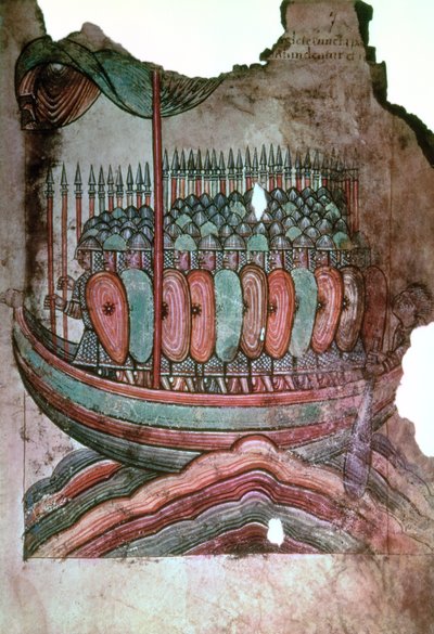 Ms Lat 1390 fol.7 Soldados normandos que atravessam o canal inglês, de La Vie de Saint Aubin dAngers de French School