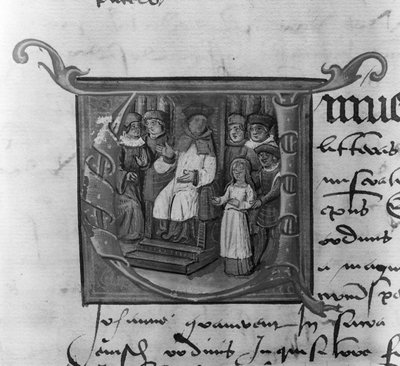 Ms Lat 5969 Historiated inicial A representando o julgamento de Joana d&39;Arc (1412-31) de French School