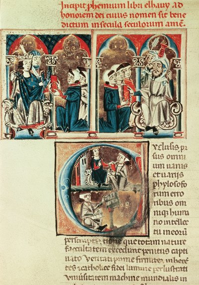 Senhora Lat. 6912 fol.1v Um estudioso judeu apresentando uma tradução de um tratado árabe para Philippe dAnjou de French School