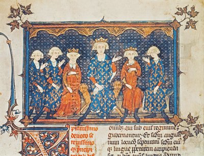 Ms Lat 8504 f.1v Filipe IV (1268-1314) da França com seus quatro filhos e irmão Charles de Valois de French School