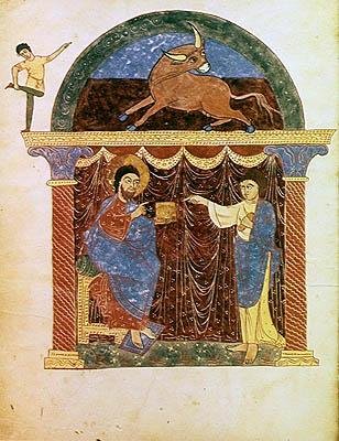 Ms Lat 8878 fol.3v Jesus apresentando o evangelho a São Lucas, de um Comentário sobre o Apocalipse do monge asturiano Beato de Liebana (c.776) c.1028-72 (vellum) de French School