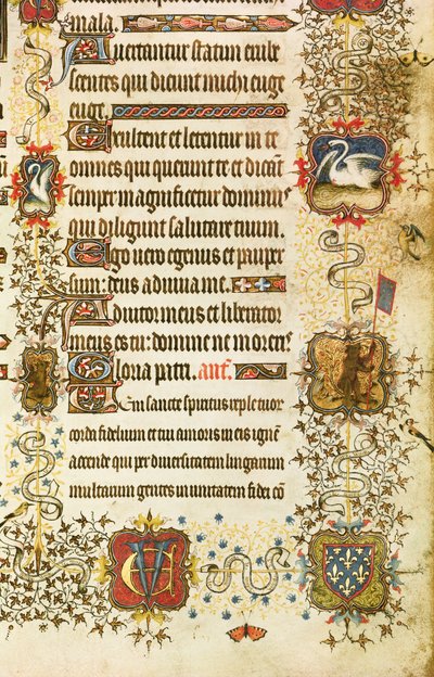Lat 919 fol.96 Detalhe dos brasões e decoração animal, de St. Peter Leading Jean de France (1340-1416) Duque de Berry ao Paraíso, das Grandes Heures de Duc de Berry de French School