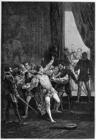 Assassinato de David Rizzio (Davide) na presença de Mary Stuart (Marie Iere) (1542-1587) - gravura em "L
