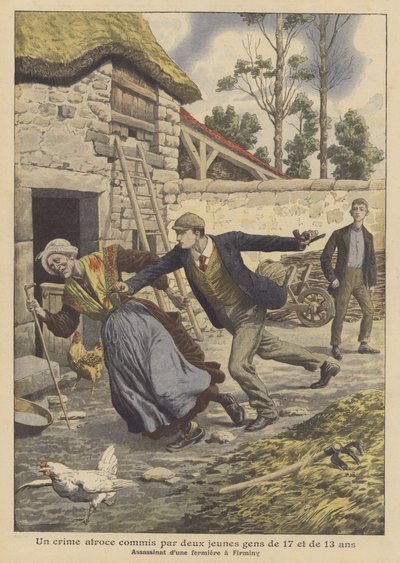 Assassinato de um agricultor por dois jovens de 17 e 13 anos em Firminy, França (cor litho) de French School