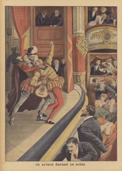 Assassinato de um ator em palco (litografia a cores) de French School