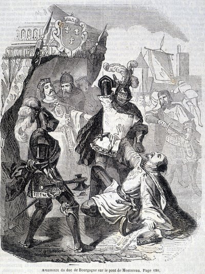 Assassinato do Duque de Borgonha (Jean sans peur) na ponte de Montereau em 1419 - no "Histoire de France" de L.-P. Anquetil de French School