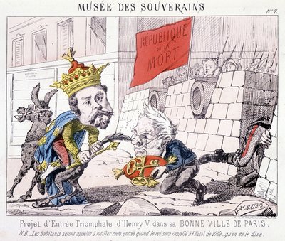Musée des Souverains - Projecto para a entrada triunfal de Henri V na sua boa cidade de Paris (Thiers entregaram-lhe as chaves de Paris defendidas por cidadãos que empunham uma bandeira escrita "République ou la mort"). de French School