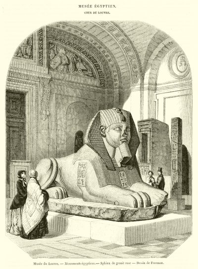 Musee du Louvre, monumentos egípcios, esfinge de granito rosa (gravura) de French School