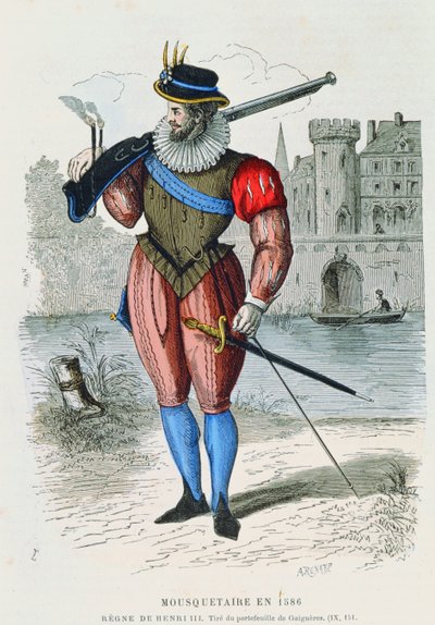 Mosqueteiro em 1586, ilustração de trajes de Paris a les les siècles por H. Gourdon de Genouillac, gravada por A. Renard (gravura a cor) de French School
