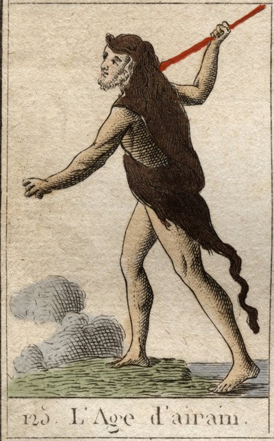 Mito da Idade da Humanidade: uma representação da Idade do Bronze, como um jovem com a pele de um leão e uma arma de lança. (Idade do Bronze retratado como um jovem, vestido com uma pele de leão e armado com uma lança). Da "Mitologia da Juventude" de Pierr de French School