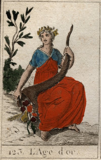 Mito da Idade da Humanidade: representação da Idade de Ouro, como uma jovem virgem de perfeita beleza, coroada com flores e segurando um corno de abundância (a Idade de Ouro representa como uma jovem e bonita mulher, segurando uma cornucópia e coroada com  de French School