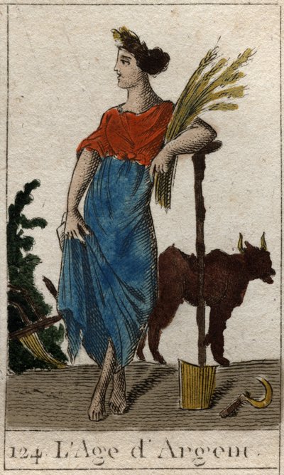 Mito da Idade da Humanidade: representação da Idade da Prata, como uma jovem mulher segurando uma grinalda de trigo perto de um arado e uma serpente. (Idade da Prata retratado como uma mulher jovem, segurando um molho e de pé junto a um arado e a um gancho de French School