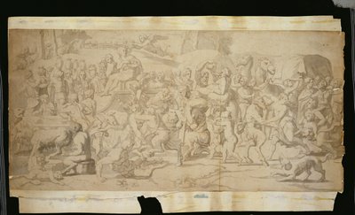 Cena mitológica com sátiros (caneta, tinta e lavagem sobre papel) de French School