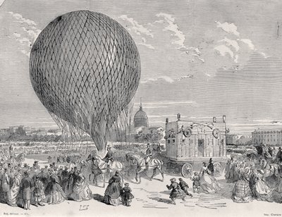 Nadars balão, o gigante sendo preparado no Champ de Mars, Paris para seu primeiro voo em 4 de outubro de 1863, ilustração de Paris para Travers Les Siecles: Volume 5, 1889 de French School
