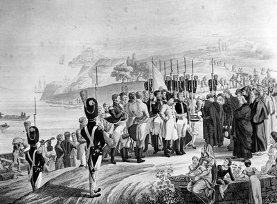 Napoleão (1769-1821) chegando na Ilha de Elba, 1814 de French School