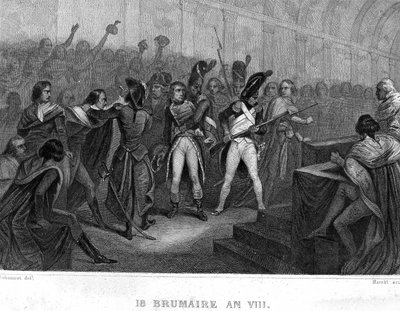 O golpe de Estado de Napoleão Bonaparte no 18 Brumaire ano VIII (1799) no Salão do Conselho dos Cinco Cêntimos (Sala dos 500) de Saint Cloud - em "Revolução Francesa" de Thiers. Século XIX de French School
