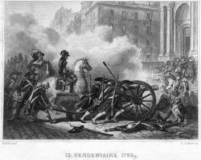 Napoleão esmagando a rebelião realista - Napoleão Bonaparte (a cavalo) comandando tropas revolucionárias na luta de rua em 13 Vendemiaire (5 de outubro) - 13 Vendemiaire 1795 (insurreição realista de 5 de outubro de 1795): Bonaparte reafirmou a ordem por s de French School