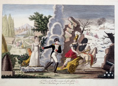 Napoleão I Entre a Guerra e a Paz, cerca de 1815 - Napoleão entre a guerra e a paz - A azeitona da paz em vão foi-lhe oferecida, ele segue a ambição que o levou à sua perda - em "Napoleão 1er", uma colecção fictícia de desenhos animados de French School