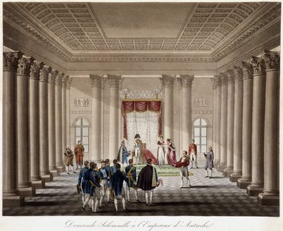 Napoleão pede Marie Louise em casamento com o Imperador da Áustria - em "História Histórica da Guerra entre a França e a Áustria em 1809". de French School