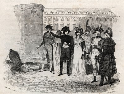 Napoleão caminhando com Madame Tallien, nee theresa Cabarrus, Princesa de Caraman, Princesa de Caraman Chimay (1773 - 1835) lugar Vendome em Paris - gravura em "Les rues de Paris". Paris antiga e moderna: origens, história, monumentos, costumes, moral, chr de French School